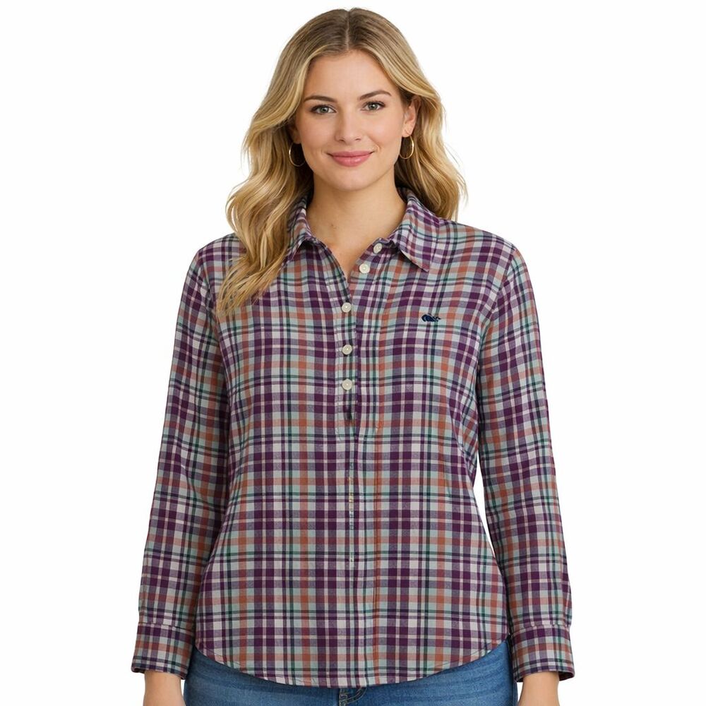 Vineyard Vines Palmetto Plaid Popover Shirt Womens 14 Linen Roll Tab Sleeves NEW
